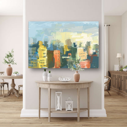 Kleurrijk abstracte skyline schilderij op doek poster