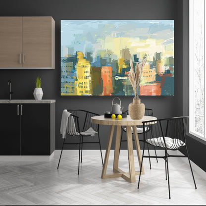 Kleurrijk abstracte skyline schilderij op doek poster