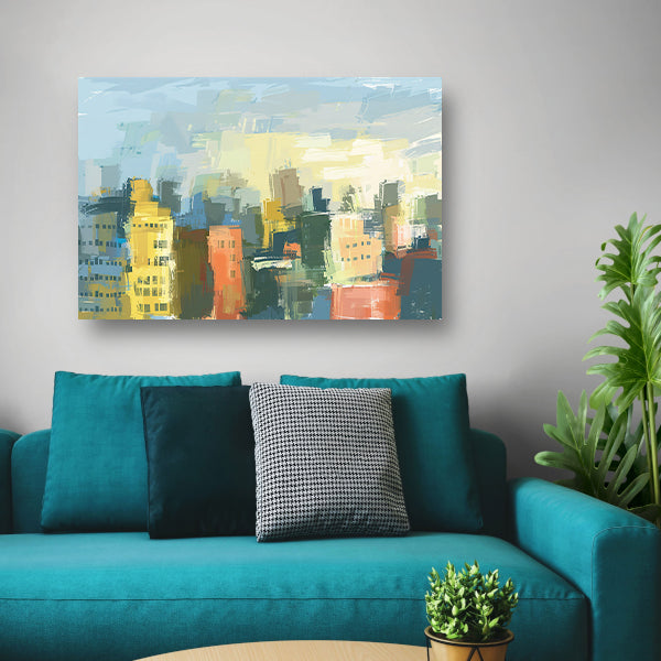 Kleurrijk abstracte skyline schilderij op doek poster