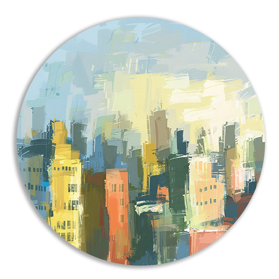 Kleurrijk abstracte skyline schilderij op doek aluminium muurcirkel