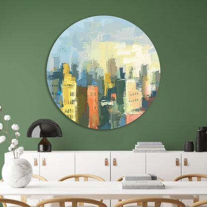 Kleurrijk abstracte skyline schilderij op doek aluminium muurcirkel