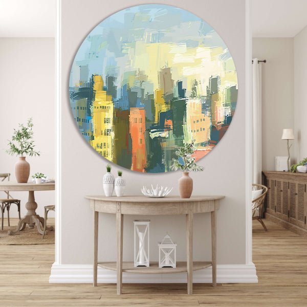 Kleurrijk abstracte skyline schilderij op doek aluminium muurcirkel