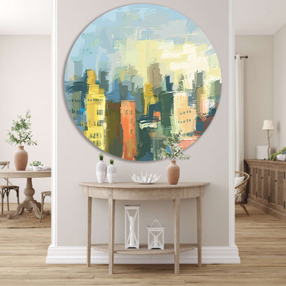 Kleurrijk abstracte skyline schilderij op doek aluminium muurcirkel