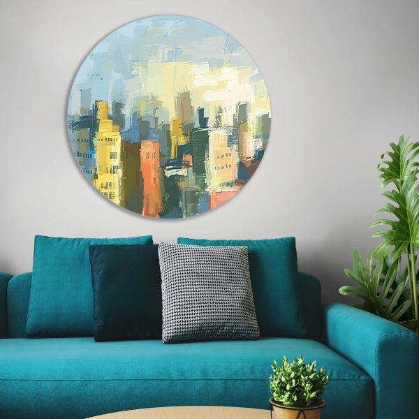 Kleurrijk abstracte skyline schilderij op doek aluminium muurcirkel