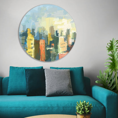 Kleurrijk abstracte skyline schilderij op doek aluminium muurcirkel