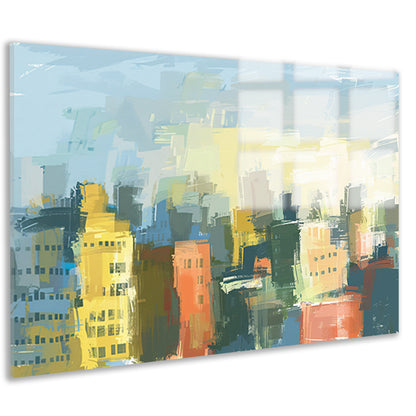 Kleurrijk abstracte skyline schilderij op doek acrylglas
