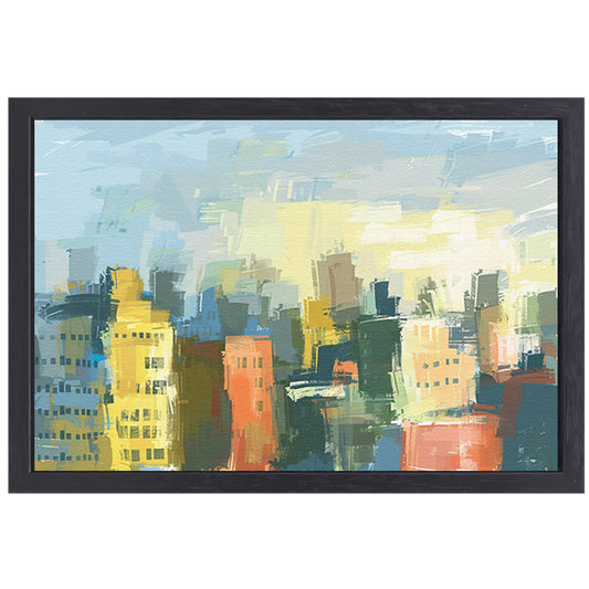 Kleurrijk abstracte skyline schilderij op doek canvas met baklijst