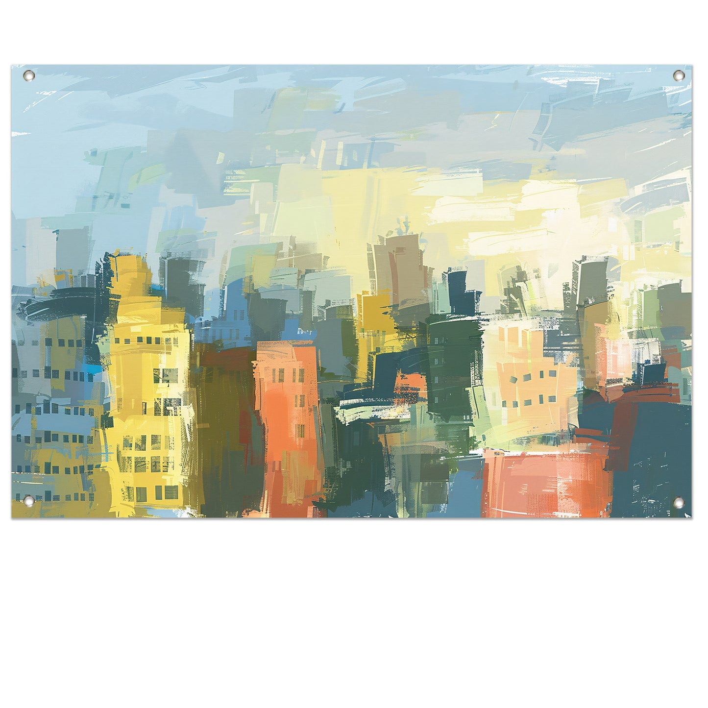 Kleurrijk abstracte skyline schilderij op doek tuinposter