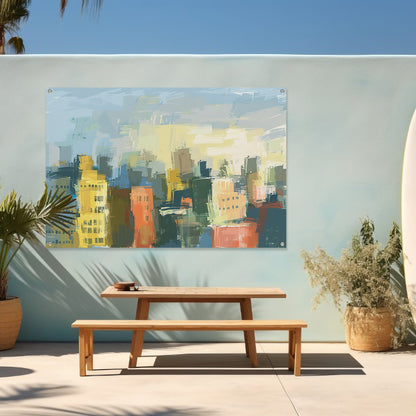 Kleurrijk abstracte skyline schilderij op doek tuinposter