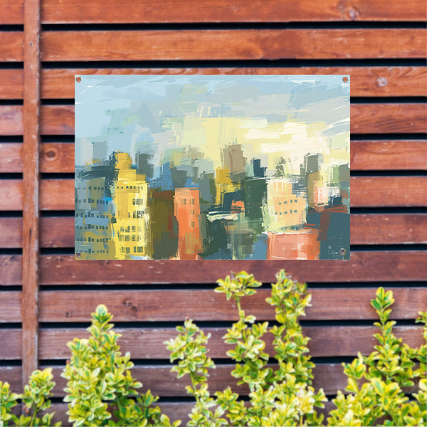 Kleurrijk abstracte skyline schilderij op doek tuinposter