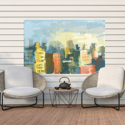 Kleurrijk abstracte skyline schilderij op doek tuinposter