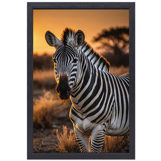 Zebra bij een prachtige zonsondergang canvas met baklijst