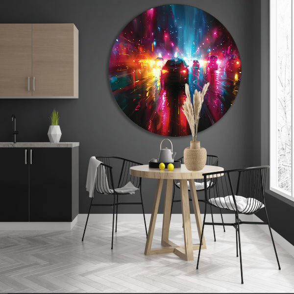 Dynamische Neonverlichte Stadsnacht aluminium muurcirkel