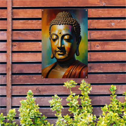 Boeddha in meditatie met kleurrijk palet tuinposter
