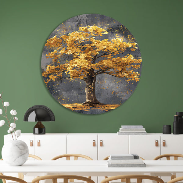 Schilderij van een boom met gouden bladeren aluminium muurcirkel