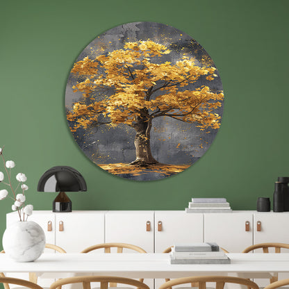 Schilderij van een boom met gouden bladeren aluminium muurcirkel