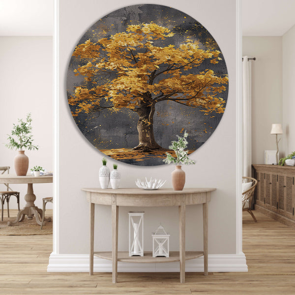 Schilderij van een boom met gouden bladeren aluminium muurcirkel