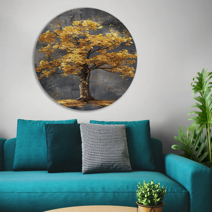 Schilderij van een boom met gouden bladeren aluminium muurcirkel