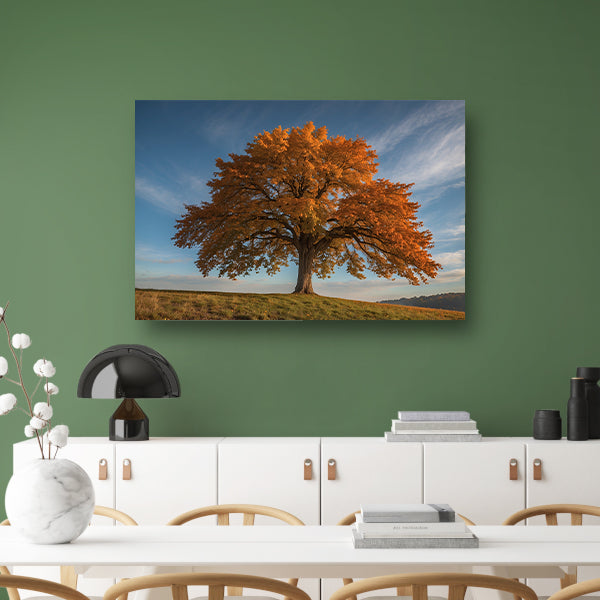 Majestueuze herfstboom in een weids landschap canvas