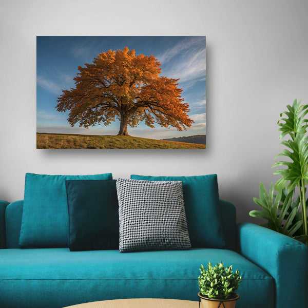 Majestueuze herfstboom in een weids landschap poster