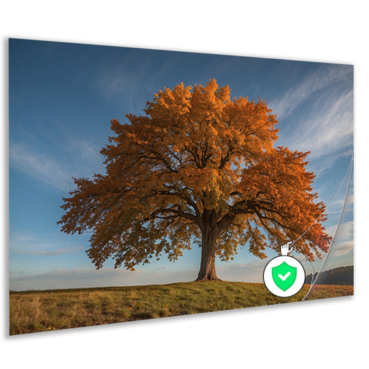 Majestueuze herfstboom in een weids landschap poster