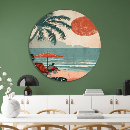 Ontspannen man op strand met parasol aluminium muurcirkel