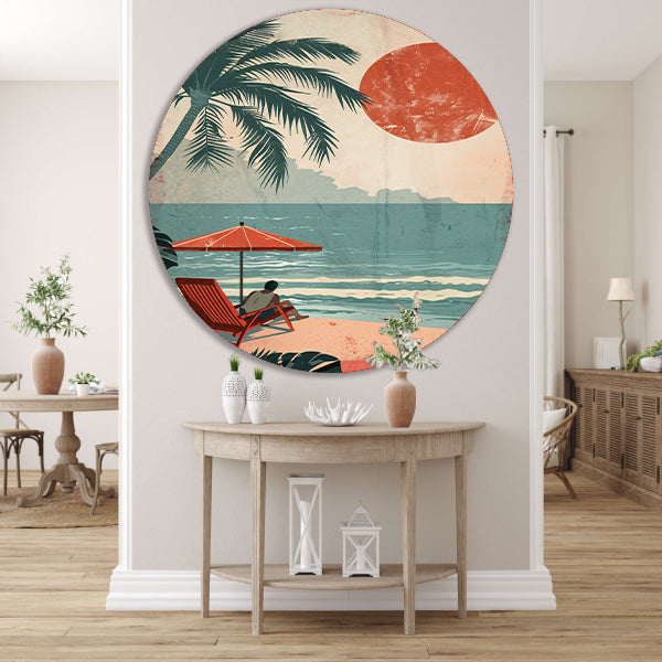 Ontspannen man op strand met parasol aluminium muurcirkel