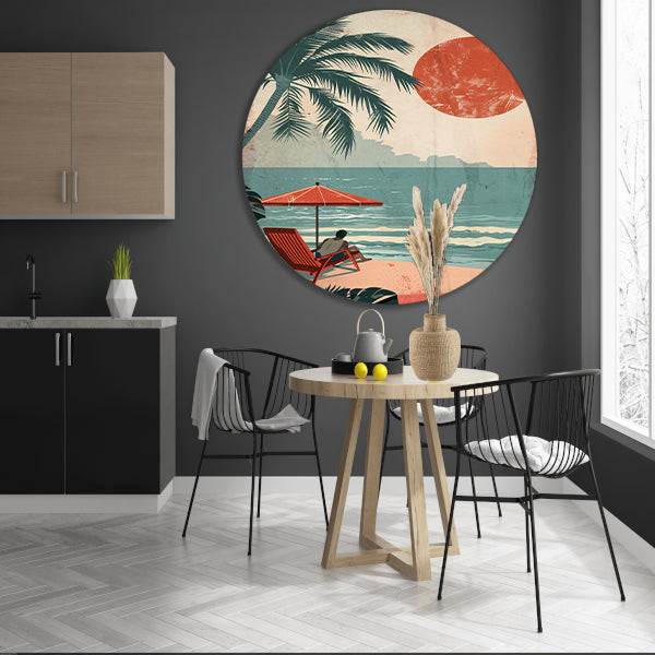 Ontspannen man op strand met parasol aluminium muurcirkel