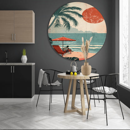 Ontspannen man op strand met parasol aluminium muurcirkel