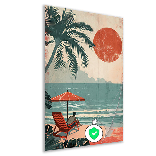 Ontspannen man op strand met parasol poster