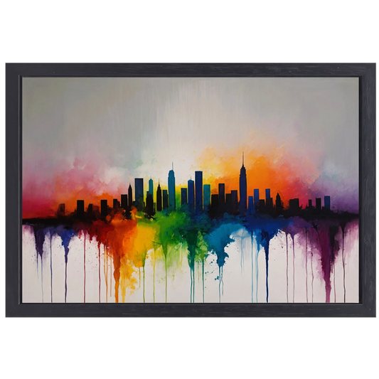 Skyline gesmolten in zonsondergangkleuren canvas met baklijst