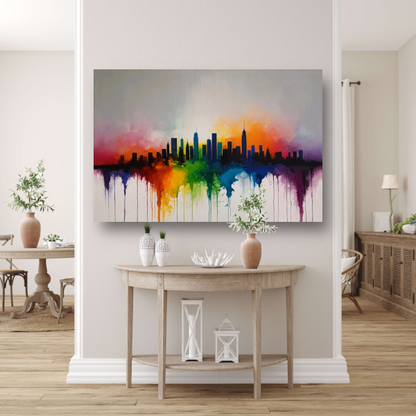 Skyline gesmolten in zonsondergangkleuren poster