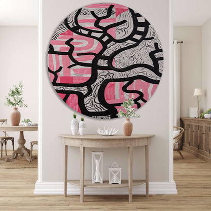 Abstracte boom met roze en zwart aluminium muurcirkel