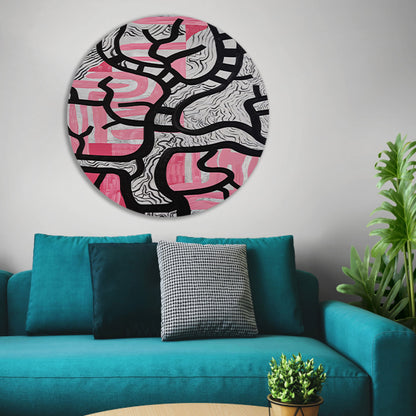 Abstracte boom met roze en zwart aluminium muurcirkel