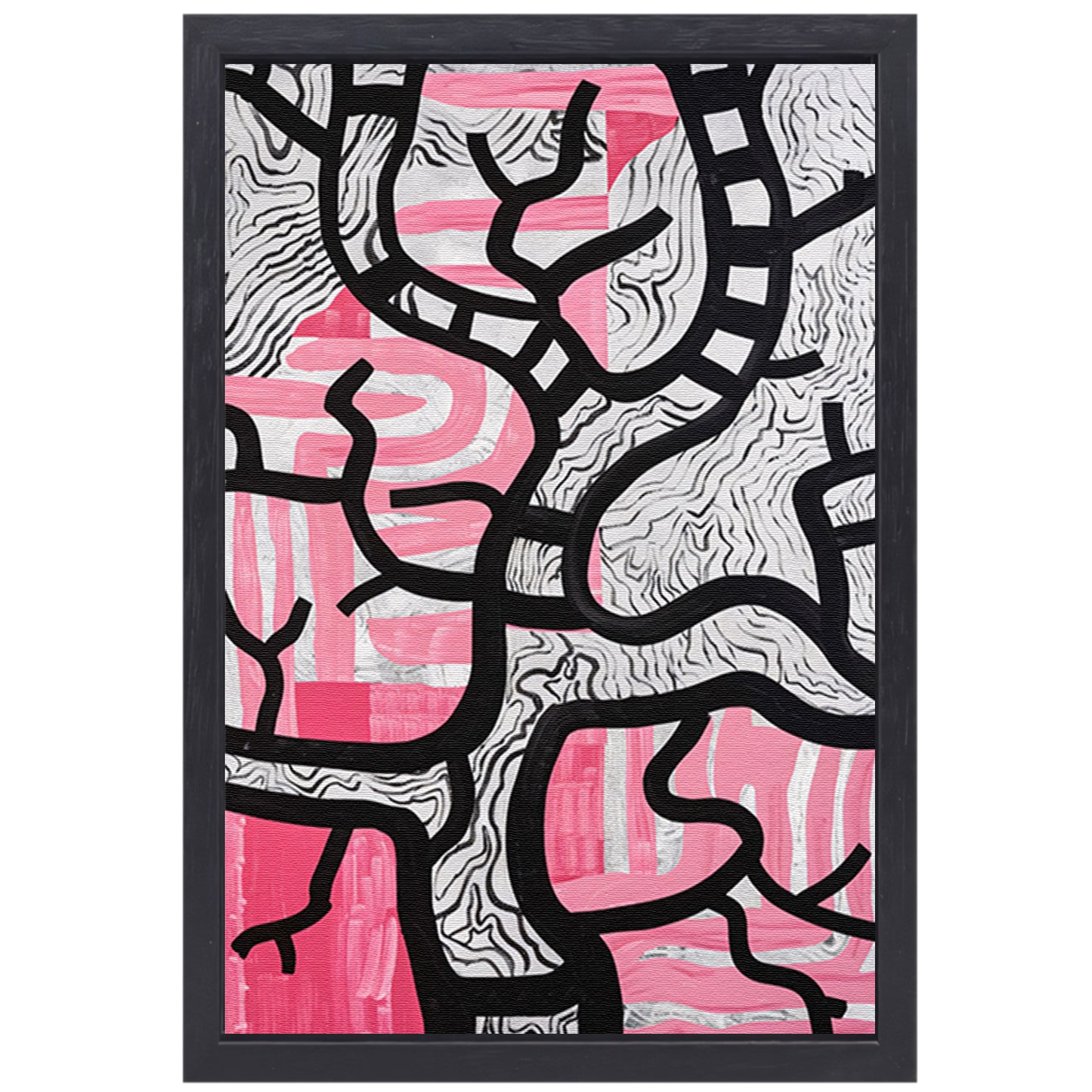 Abstracte boom met roze en zwart canvas met baklijst