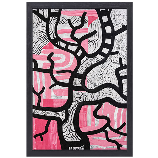 Abstracte boom met roze en zwart canvas met baklijst