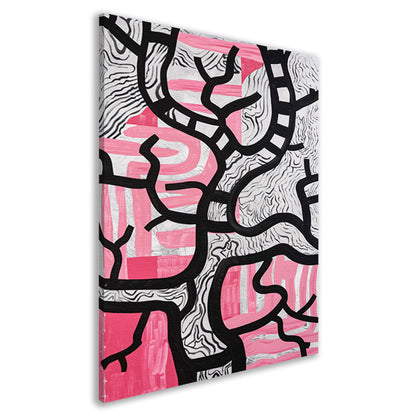 Abstracte boom met roze en zwart canvas