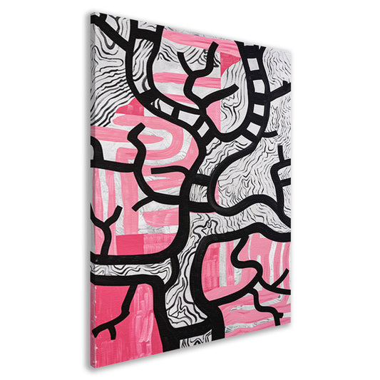 Abstracte boom met roze en zwart canvas