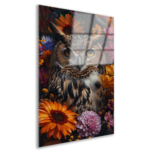 Intrigerende Uil omringd door Kleurrijke Bloei acrylglas