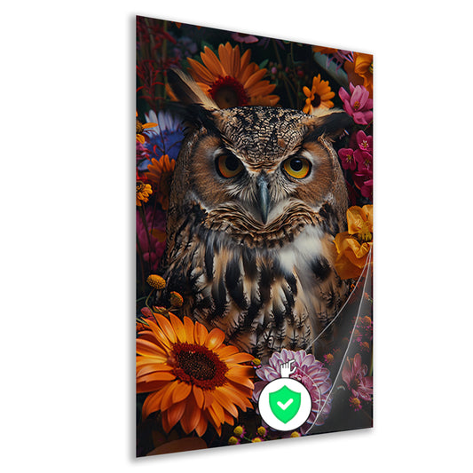 Intrigerende Uil omringd door Kleurrijke Bloei poster