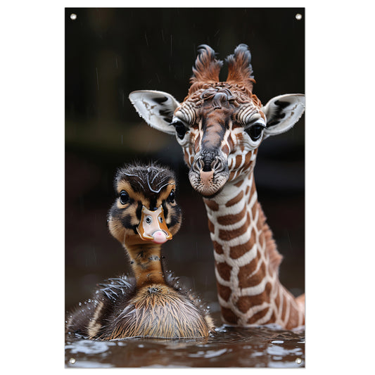 Jonge giraf en eendenkuiken in de regen tuinposter