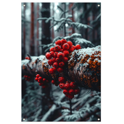 Rode bessen in de winterse sneeuw tuinposter