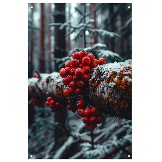 Rode bessen in de winterse sneeuw tuinposter