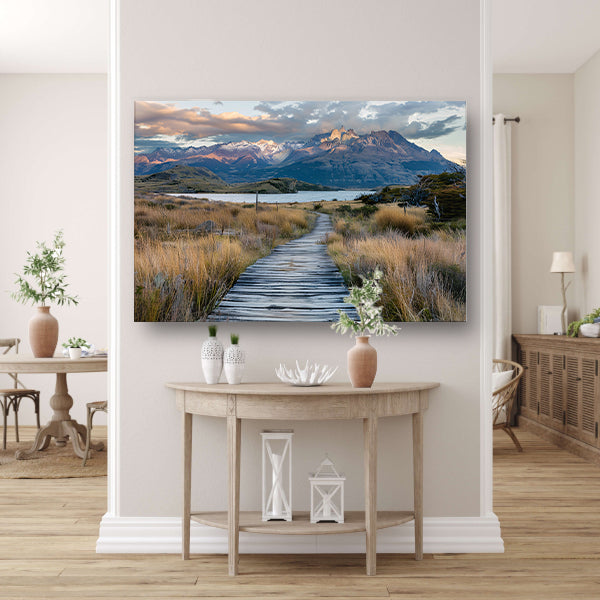 Prachtig Patagonisch landschap met houten pad canvas