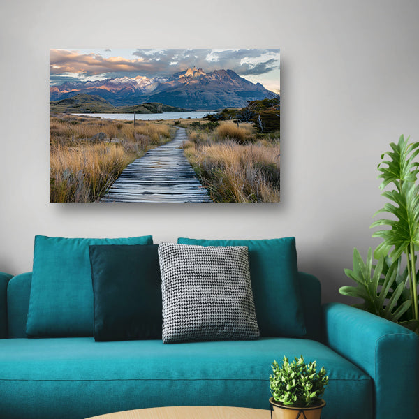 Prachtig Patagonisch landschap met houten pad canvas