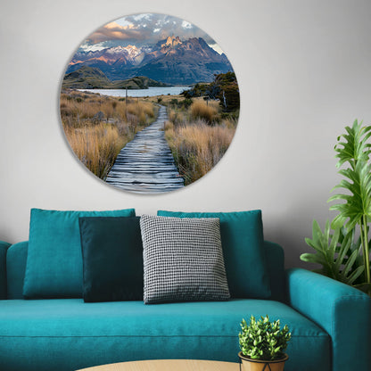 Prachtig Patagonisch landschap met houten pad aluminium muurcirkel