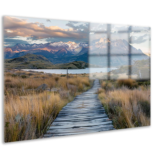 Prachtig Patagonisch landschap met houten pad acrylglas