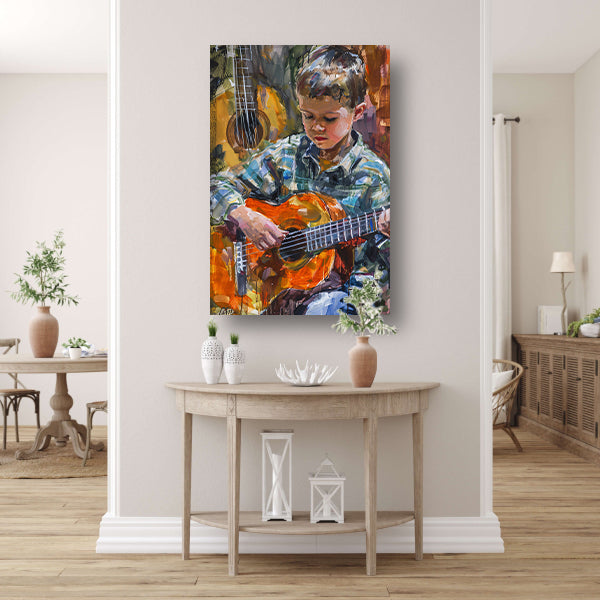Jongen Speelt Op Kleurrijk Gitaar poster