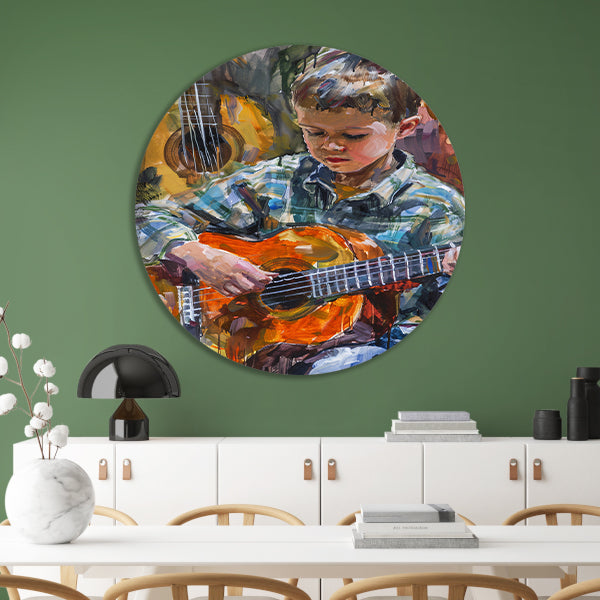 Jongen Speelt Op Kleurrijk Gitaar aluminium muurcirkel