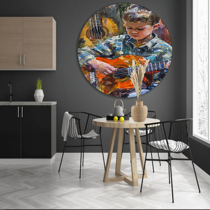 Jongen Speelt Op Kleurrijk Gitaar aluminium muurcirkel